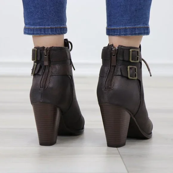 Lace-Up Brown Block Cone High Heeled Ankle Boots Pointed Toe - Picture 4 of 10
